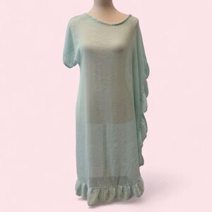 Vintage Mint Green Sheer Kimono Dress | Ruffle Hem | One Size